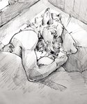 anthro bed bedding closed_smile cuddling duo ears_back eyes_closed fur furniture hair happy hug inside lying male male/male mouth_closed nude on_bed on_side pillow pivoted_ears romantic romantic_ambiance romantic_couple short_hair smile under_blanket unsigned akatan_art akatan_(character) shadz_(akatan_art) canid canine fox mammal greyscale monochrome traditional_media_(artwork)