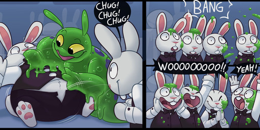 anthro belly big_belly black_clothing buckteeth bursting clothing fur green_body group inflation inside male popping teeth text white_body white_fur yellow_sclera denaturedalbumin goo_creature lagomorph leporid mammal rabbit 2023 hi_res