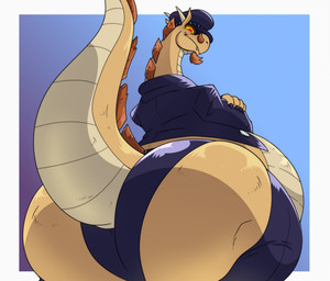 anthro big_butt brown_body butt clothing hat headgear headwear horn huge_butt huge_thighs jacket leather leather_clothing leather_daddy leather_jacket leather_topwear legwear low-angle_view male red_eyes scales solo stockings tail thick_tail thick_thighs thong topwear underwear ventral_scales yellow_sclera reagan700 kings_of_hell mythology bune_(kings_of_hell) dragon mythological_creature mythological_scalie scalie 2024 hi_res