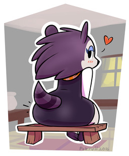 anthro bench big_butt biped black_clothing black_topwear blue_eyeshadow blush border butt butt_focus chair chibi clothed clothing dress eyelashes eyeshadow female footwear fur furniture half-closed_eyes heart_symbol inside looking_at_viewer looking_back makeup markings narrowed_eyes on_bench on_chair outline purple_body purple_fur raised_tail rear_view scarf shoes sitting solo spines striped_markings striped_tail stripes tail tail_markings topwear white_border pokyuii animal_crossing nintendo label_able eulipotyphlan hedgehog mammal 2016 aliasing cel_shading digital_media_(artwork) full-length_portrait hi_res portrait shaded signature