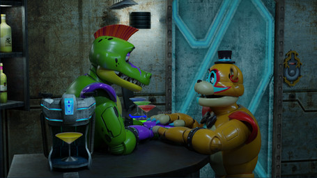 alcohol anthro beverage duo eye_contact glowing glowing_eyes hand_holding looking_at_another male male/male pearlh2hoe five_nights_at_freddy's five_nights_at_freddy's:_security_breach scottgames steel_wool_studios glamrock_freddy montgomery_gator alligator alligatorid bear crocodilian mammal reptile scalie 16:9 3d_(artwork) digital_media_(artwork) hi_res widescreen