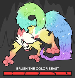 2_tails 3_toes all_fours anthro arm_tuft cheek_tuft chest_tuft digitigrade facial_tuft feet fur gameplay_mechanics grey_background grin gui half-closed_eyes health_bar male multi_tail multicolored_body multicolored_fur narrowed_eyes rainbow_body rainbow_fur raised_tail sharp_teeth shoulder_tuft simple_background smile solo sparklefur tail teeth text toes tuft xing1 canid canine fox mammal english_text hi_res unavailable_at_source