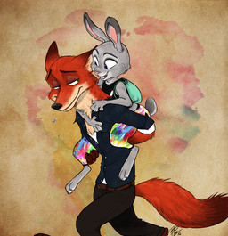 3_toes 4_fingers abstract_background anthro backpack belt black_nose bottomwear carrying_another clothed clothing dipstick_ears dipstick_tail duo ear_markings eyebrows feet female fingers fur green_eyes grey_body grey_fur half-closed_eyes looking_at_another looking_back male markings multicolored_ears multicolored_tail narrowed_eyes on_top open_mouth open_smile orange_body orange_fur pants piggyback pink_nose raised_inner_eyebrows shirt side_view simple_background small_tail smile tail tail_markings textured_background toes topwear bonkalore_(artist) disney zootopia judy_hopps nick_wilde canid canine fox lagomorph leporid mammal rabbit red_fox true_fox 2016 absurd_res hi_res signature