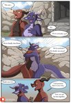 anthro belly big_belly bodily_fluids breath crying dialogue duo fantasy female horn hug male male/female pregnant pregnant_anthro pregnant_female purple_body red_body speech_bubble sweat tail tears text yelling yellow_eyes narusewolf patreon avi_(narusewolf) rona_(narusewolf) kobold scalie comic english_text hi_res