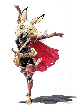 anthro armor bag barefoot biped blonde_hair cape clothed clothing dagger dipstick_ears ear_markings feet female fur hair melee_weapon multicolored_ears smile solo tan_body tan_fur thief weapon megan_giles candi_(megan_giles) hare lagomorph leporid mammal sketch