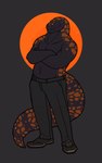 5:8 abstract_background anders_(daxlmonitor) anthro bottomwear clothed clothing crossed_arms daxlmonitor footwear gila_monster helodermatid hi_res lizard male muscular pants partially_clothed reptile scalie shoes smile solo tail thick_tail