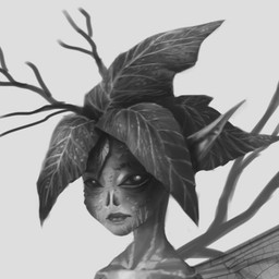 female humanoid_pointy_ears insect_wings leaf leaf_hair lepidopteran_wings looking_at_viewer missing_nose nude plant plant_hair pointy_ears pseudo_hair pupils simple_background solo three-quarter_view twig warts white_eyes wings ruffu unnamed_character elemental_creature elemental_humanoid fairy flora_fauna humanoid monster monstrous_humanoid plant_humanoid bust_portrait digital_drawing_(artwork) digital_media_(artwork) greyscale monochrome portrait