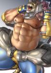 abs anthro asphyxiation biceps bodily_fluids boots bottomwear bulge choking clothed clothing detailed_navel duo eye_scar facial_scar fight footwear for_a_head grabbing heterochromia luchador male male/male mask muscular muscular_male navel nipples pecs scar shoes strangling sweat topless uvula wrestler wrestling mennsuke tekken tekken_7 armor_king king_(tekken) animal_head animal_humanoid felid felid_humanoid humanoid jaguar jaguar_humanoid mammal mammal_humanoid pantherine pantherine_humanoid 2019