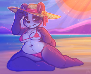 anthro beach bikini breasts clothing female hat headgear headwear looking_at_viewer mountain seaside sky slightly_chubby solo sun sun_hat swimwear two-piece_swimsuit dimwitdog hasbro littlest_pet_shop littlest_pet_shop_(2012) penny_ling bear giant_panda mammal 2019 digital_media_(artwork) hi_res