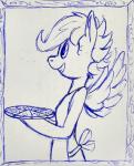 anthro anthrofied apron clothed clothing female food hair pizza simple_background smile solo white_background wings tg-0 friendship_is_magic hasbro my_little_pony mythology scootaloo_(mlp) equid equine mammal mythological_creature mythological_equine pegasus 2017 hi_res monochrome sketch