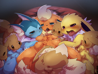 ambiguous_gender balls blue_eyes blush bodily_fluids breastfeeding breasts brown_eyes collaborative collaborative_breastfeeding cunnilingus female female/female feral fur genitals group licking lying male male/female multi_breast nipples on_back open_mouth oral purple_eyes saliva sex tears teats tongue tongue_out vaginal vulva dagasi nintendo pokemon canid canine eevee eeveelution flareon generation_1_pokemon jolteon mammal pokemon_(species) vaporeon 4:3 digital_media_(artwork)
