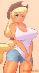 anthro anthrofied big_breasts blonde_hair breasts clothed clothing cutie_mark female freckles fully_clothed hair hat headgear headwear nipple_outline nipple_piercing nipples piercing simple_background skimpy solo tight_clothing kinkypinkink friendship_is_magic hasbro my_little_pony applejack_(mlp) earth_pony equid equine horse mammal pony absurd_res hi_res