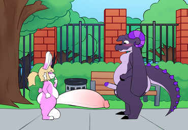 anthro antlers balls balls_on_ground belly bench big_balls big_butt big_penis black_body black_claws blonde_hair butt cheek_tuft claws comparing comparing_penis curved_horn duo embarrased_horny eyes_closed facial_tuft fence finger_on_chin fur genitals hair hands_on_hips horn huge_balls huge_penis humanoid_genitalia humanoid_penis hyper hyper_genitalia hyper_penis long_ears male male/male moobs multicolored_body outside park_bench penis pink_body pink_fur plant ponytail public public_nudity purple_horn purple_spikes scut_tail short_tail shrub sidewalk size_difference slightly_chubby small_but_hung smile smug spiked_tail spikes spikes_(anatomy) tail thick_penis throbbing throbbing_penis trash_can tree tuft vein white_body white_fur white_penis meowny mythology hazel_(hazlnutt) kain_(hazlnutt) dragon furred_dragon furred_scalie jackalope lagomorph mammal mythological_creature mythological_scalie scalie 2025 hi_res
