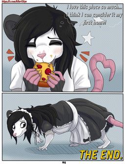 anthro black_body black_fur black_hair clothing female feral food fur gloves grey_body grey_fur hair handwear maid_uniform male pink_body pink_nose pizza simple_background text uniform white_body white_fur allartskye kia_(allartskye) skye_(allartskye) american_opossum canid canine canis mammal marsupial wolf comic english_text hi_res url