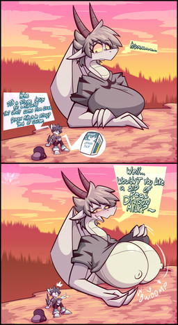 anthro big_breasts biped black_border blush blush_lines border breasts clothed clothing dialogue duo extreme_size_difference female hair huge_breasts larger_anthro larger_female looking_at_another male nipples non-mammal_breasts outside plant presenting presenting_breasts size_difference smaller_anthro smaller_male speech_bubble text tree els3d mythology dragon mammal mythological_creature mythological_scalie reptile scalie absurd_res comic english_text hi_res