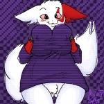 anthro anthrofied big_breasts bottomless breast_squish breasts clothed clothing female fur genitals markings pokemorph pubes pussy red_markings smile solo squish sweater tail topwear white_body white_fur cautioncat nintendo pokemon zuki generation_3_pokemon pokemon_(species) zangoose 1:1 2008 low_res