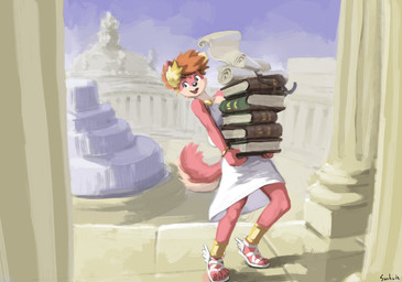 ancient_rome anthro book classical_architecture clothing footwear holding_object laurel_wreath looking_at_viewer male outside pink_body pink_skin sandals scroll shoes solo white_clothing sunhuiz cyrus_(sunhuiz) absurd_res hi_res