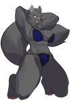 abs absurd_res anthro aspirindabaitu big_breasts big_tail bite black_body black_fur blep blue_bra blue_clothing blue_panties blue_underwear bra breasts canid canine canis clothing feet female full-length_portrait fur hands_behind_head hi_res hindpaw kneeling looking_at_viewer mammal muscular muscular_female navel panties paws portrait pupils red_eyes simple_background slit_pupils solo tail thick_thighs toes tongue tongue_bite tongue_out underwear white_background wolf yellow_eyes