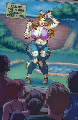 5_fingers big_breasts bottomwear breasts brick_wall brown_hair clothing cloud day detailed_background female fingers grass group hair hooves male navel open_mouth outside pants plant sign species_transformation standing surprised text torn_clothing transformation tree vivarium wall_(structure) zoo_(facility) wolfgee equid equine human mammal zebra absurd_res digital_media_(artwork) english_text hi_res story story_in_description