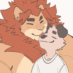 anthro big_muscles black_ears brown_body brown_fur clothing duo eyes_closed floppy_ears fur licking licking_another male mane muscular muscular_anthro muscular_male orange_body orange_fur red_mane shirt slim_anthro slim_male tongue topwear white_clothing white_shirt white_topwear hemuchang ryker_(rykerlion) shin_(hemuchang) canid canine canis domestic_dog felid lion mammal pantherine 1:1