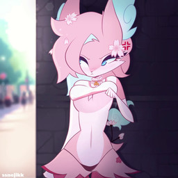 annoyed anthro areola big_breasts blue_eyes bouncing_breasts breast_drop breasts choker clothed clothing clothing_lift day eyelashes female female_anthro flashing flashing_breasts flower front_view fur hair jewelry navel necklace nipples outside pantsless pantsless_female pink_body pink_flower pink_fur pink_hair plant presenting presenting_breasts shirt shirt_lift small_waist solo tail thong topwear underwear ssnejikk canid canine fox mammal 2d_animation animated colored digital_media_(artwork) short_playtime video