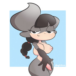 animal_genitalia anthro bedroom_eyes big_breasts black_eyes black_hair braided_hair breasts crossed_legs eyelashes female fur genitals grey_body grey_fur gynomorph hair horn huge_breasts intersex long_hair multicolored_body multicolored_fur narrowed_eyes nipples nude penis pushing_down_penis seductive wide_hips wythdraws xingzuo_temple xingyun_(diives) animal_humanoid bovid bovine cattle humanoid mammal 1:1 hi_res