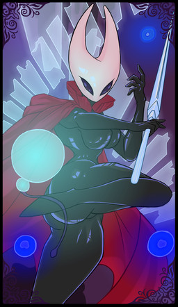 2_horns big_butt biped black_body black_border black_breasts black_butt black_eyes border breasts butt cape clothing featureless_breasts featureless_crotch female fingers glistening glistening_body holding_melee_weapon holding_object holding_weapon horn melee_weapon on_one_leg red_cape red_clothing solo standing weapon hpinky4all hollow_knight_(franchise) team_cherry hornet_(hollow_knight) arthropod 2025 hi_res