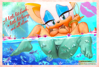 animal_print anthro bedroom_eyes big_breasts bikini breasts card_template clothing drunk female fur kiss_mark leopard_print leopard_print_swimwear leopard_print_thong looking_at_viewer narrowed_eyes nipple_outline partially_submerged postcard seductive solo spread_legs spreading substance_intoxication swimwear two-piece_swimsuit high-bear sega sonic_the_hedgehog_(series) rouge_the_bat bat mammal digital_media_(artwork) hi_res