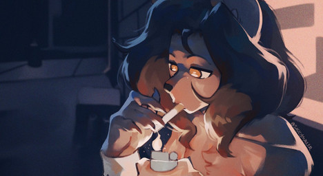 5_fingers anthro brown_body brown_fur brown_hair chest_tuft cigarette cuff_links fingers fur hair lighter long_hair male night orange_eyes outside smoking solo tuft saucymauler ogonek_(discontentedog) hyena mammal 2023 signature
