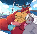 abs anthro balls barazoku beach beard big_penis blush bulge clothing dessert duo ear_piercing ear_ring embarrassed eyewear facial_hair food genitals hat headgear headwear humanoid_genitalia humanoid_penis ice_cream lgbt_pride male male/male muscular nipples pecs penis penis_poking_out piercing pride_colors ring_piercing scar sea sleeping sound_effects speedo sunglasses swimwear umbrella vowelless vowelless_sound_effect water zzz quicktoneart mythology canid canine canis dragon mammal mythological_creature mythological_scalie scalie wolf absurd_res hi_res