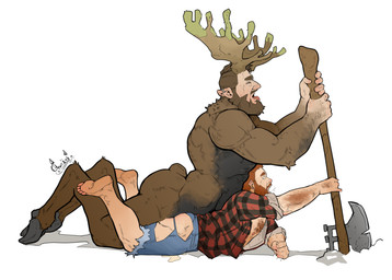 anal anal_penetration antlers axe barazoku beard bottomwear clothing digitigrade duo facial_hair horn human_on_humanoid human_penetrated humanoid_penetrating humanoid_penetrating_human interspecies male male/male male_penetrated male_penetrating male_penetrating_male melee_weapon not_furry pants penetration penile penile_penetration sex shirt topwear torn_clothing weapon ghuraok human humanoid mammal satyr