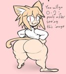 :3 big_butt biped blonde_hair bottomless butt clothed clothing featureless_hands female fur hair hands_on_hips inner_ear_fluff light_body light_skin pink_background pupils rear_view red_eyes shirt short_stack simple_background slit_pupils solo standing tail tail_tuft tan_body tan_fur text thick_thighs topwear tuft white_clothing white_inner_ear_fluff white_shirt white_topwear wide_hips artform42nd tsukihime type-moon neco-arc animal_humanoid felid felid_humanoid feline feline_humanoid humanoid mammal mammal_humanoid neco_spirit english_text