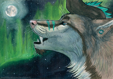 ambiguous_feral ambiguous_gender aurora_(phenomenon) blue_eyes blue_hair brown_body brown_fur cheek_tuft chin_tuft ear_piercing facial_piercing facial_tuft fangs feral fur gauged_ear hair lip_piercing lip_stud moon multiple_piercings neck_tuft night open_mouth piercing pink_nose side_view solo star teeth text tuft white_body white_fur heatherwolf canid canine mammal url