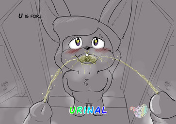 animal_genitalia animal_penis anthro blush bodily_fluids bound canine_genitalia canine_penis drinking drinking_urine genital_fluids genitals group heart_eyes heart_symbol intersex intersex/male male male/male peeing penis public_use steam trio urinal urine urine_in_mouth urine_on_face uvula watersports young austin_takahashi kinktober_2025 mabel_frost lagomorph leporid mammal rabbit 2025 absurd_res hi_res monochrome sketch