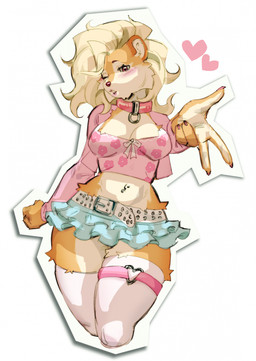 5_fingers anthro belt belt_buckle blonde_hair blue_miniskirt blush bottomwear breasts brown_eyebrows buckle claws cleavage clothed clothed_anthro clothed_female clothing collar crop_top eyebrows eyelashes female finger_claws fingers fist fully_clothed fully_clothed_anthro fully_clothed_female fur hair heart_symbol legwear lidded_eyes light long_hair medium_breasts midriff miniskirt multicolored_body multicolored_fur navel navel_piercing one_eye_closed orange_body orange_fur piercing pink_claws pink_clothing pink_collar pink_crop_top pink_legwear pink_shirt pink_thigh_highs pink_topwear pose red_eyes red_nose shirt simple_background skirt solo standing straight_arm studded_belt studs tan_body tan_fur tan_inner_ear text thick_thighs thigh_highs topwear two_tone_body two_tone_fur wavy_hair white_background white_belt wide_hipped_anthro wide_hipped_female wide_hips angellumen felid feline mammal 2025 colored digital_drawing_(artwork) digital_media_(artwork) english_description english_text hi_res lighting portrait shaded three-quarter_portrait