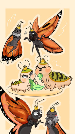 4_arms 4_fingers 6_legs ambiguous_feral ambiguous_gender angry antennae_(anatomy) anthro arthropod_abdomen biped black_antennae black_body black_nose blush blush_stickers bodily_fluids canon_x_oc countershading covering covering_mouth covering_own_mouth covering_self crown duo eating eyebrows eyelashes eyeless eyespots featureless_hands female female_feral feral fingers flying flying_sweatdrops gold_crown green_body headgear insect_wings leaf lepidopteran_wings markings multi_arm multi_limb nude orange_wings pupils ruff simple_background small_pupils smile sweat sweatdrop teeth white_body white_countershading wings yellow_background young young_ambiguous young_female young_feral fenghuangz disney hoppers_(disney) pixar fan_character mirabelle_(honeycombcrown) titus_(hoppers) arthropod butterfly caterpillar insect larva lepidopteran monarch_butterfly 2026 9:16 digital_media_(artwork) hi_res brother_(lore) brother_and_sister_(lore) sibling_(lore) sister_(lore)