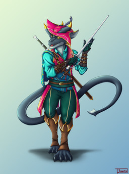 anthro belt big_ears blue_clothing carrying_weapon chain claws clothed clothing coat dagger feathers fully_clothed gloves green_clothing handwear hat hat_feather headgear headwear holding_object holding_weapon leather leather_clothing long_tail longsword loose loose_feather male melee melee_weapon multicolored_body open_mouth pink_clothing rapier smile solo standing sword tail teeth topwear two_tone_body weapon wrist_crossbow yellow_eyes yellow_sclera sinarts dungeons_and_dragons hasbro wizards_of_the_coast kobold lizard reptile scalie absurd_res hi_res
