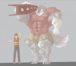 5_fingers abs anthro armor barefoot biceps big_biceps big_muscles black_clothing black_hair blue_eyes bottomwear brown_body brown_clothing brown_fur cheek_tuft claws clothed clothing duo eye_contact facial_tuft feet fingers fluffy fluffy_tail footwear front_view fur gesture girder grey_background grey_body grey_claws grey_clothing grey_fur hair hand_gesture head_tuft headgear helmet holding_object huge_muscles humanoid_hands hyper hyper_muscles larger_anthro larger_male light looking_at_another macro male manly multicolored_body multicolored_fur muscular muscular_male neck_tuft no_pupils obliques orange_clothing pants pecs pointing quads red_clothing serratus shirt shoes shorts simple_background size_difference skimpy slim smaller_human smaller_male smile snout standing tail topwear triceps tuft two_tone_body two_tone_fur vein vest white_body white_fur signirsol loken_(ims360) canid canine canis human mammal wolf 2016 colored full-length_portrait portrait shaded