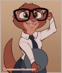 4_fingers adjusting_glasses anthro blush brown_body brown_fur clothing countershade_face countershade_hands countershading dress_shirt eyebrows eyewear female fingers fur glasses green_eyes hand_on_glasses necktie nervous nervous_smile shirt simple_background smile solo teeth text topwear tray waiter brachyzoid disney zootopia sam_(zootopia) mammal mustelid otter 2022 digital_drawing_(artwork) digital_media_(artwork) english_text watermark