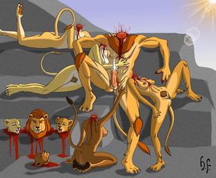 anthro balls blood blood_spray bodily_fluids bone breasts brown_hair cum cumshot death death_erection decapitation dismemberment ejaculation erection esophagus exposed_bone exposed_muscle female genital_fluids genitals gore gore_focus grotesque_death group hair harem headless humanoid_genitalia humanoid_penis male mane muscular muscular_anthro nipples nude orgasm outside party penis pubes severed_body_part severed_head snuff spine sun surrealism tail tail_tuft tongue tuft vulva what headless_fetish felid lion mammal pantherine signature