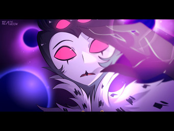 anthro black_border border cape clothing detailed_background fur grey_body grey_fur grey_hair hair looking_at_viewer male pink_eyes planet short_hair solo space star white_face teathekook hellaverse helluva_boss stolas_(helluva_boss) avian bird owl owl_demon 4:3 hi_res watermark