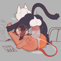 2_horns 4_toes 5_fingers anthro anthro_penetrating anthro_penetrating_humanoid ball_tuft balls belly big_glasses big_penis black_body black_hair bodily_fluids brown_body brown_skin butt clitoral_hood clitoris cum cum_from_vagina cum_in_vagina cum_inside cum_pool dialogue duo_focus eyewear fangs feet female female_penetrated fingers foot_grab furniture genital_fluids genitals glasses grey_background group hair heart_symbol horn huge_penis humanoid_on_anthro humanoid_penetrated large_penetration leg_tuft looking_pleasured male male/female male_penetrating male_penetrating_female motion_lines narrowed_eyes nude nude_anthro nude_female nude_male on_table penetration penile penile_penetration penis penis_in_vagina pink_penis pointy_ears pubes red_horn red_tail red_wings sex simple_background spade_tail speech_bubble spread_butt spreading standing_on_another swirl_eyes table tail tail_tuft teeth text thick_thighs thrusting toes trio tuft vaginal vaginal_fluids vaginal_penetration vein veiny_penis vulva white_balls white_body wings defunctumbra optica umbra_(defunctumbra) demon demon_humanoid felid feline human humanoid mammal 1:1 2025 absurd_res english_text hi_res