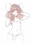 anthro bulge clothed clothing crop_top digital_media_(artwork) girly hair hand_in_hair hands_behind_head hi_res legwear long_hair male mammal michi_tsuki midriff mouse murid murine navel one_eye_closed restricted_palette rodent shirt simple_background sketch smile solo suelix thick_thighs thigh_highs thong topwear touching_hair underwear white_background