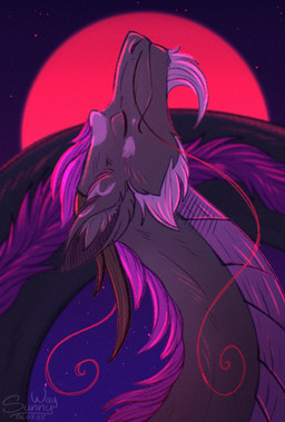 ambiguous_gender eyes_closed feral fur grey_body grey_fur horn mane moon night outside purple_mane red_moon serpentine side_view smile solo star whiskers sunny_way mythology dragon eastern_dragon furred_dragon furred_scalie mythological_creature mythological_scalie scalie hi_res