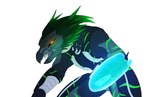 3_fingers ambiguous_gender anthro armor beak cuirass cuisse energy_shield fangs feather_hair feathered_crest feathers fingers fist green_body green_feather_hair green_feathers green_stripes grey_body grey_skin head_crest hunched_over looking_at_viewer pseudo_hair pupils red_sclera shield simple_background slit_pupils solo spaulder standing striped_body stripes teeth tongue white_background yellow_eyes lady_ahiru halo_(series) microsoft xbox_game_studios alien avian kig-yar scalie t'vaoan hi_res