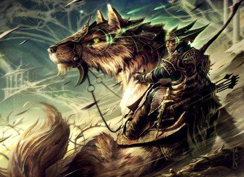 action_pose ambiguous_gender armor arrow_(weapon) bow_(weapon) bridle duo feral glowing magic male military mount mount/rider_relations pose quiver_(object) ranged_weapon reins riding saddle soldier straddling warrior weapon raymond_swanland hasbro magic:_the_gathering wizards_of_the_coast canid canine canis human mammal wolf official_art signature