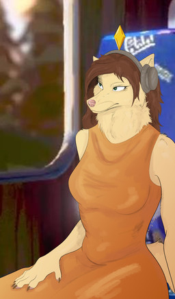 anthro brown_hair clothing dress electronics female female_anthro fur green_eyes hair headphones orange_clothing sitting solo tan_body yellow_body furrymammy canid canine canis fox mammal absurd_res hi_res