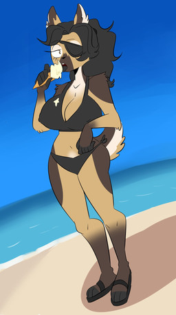 anthro beach big_breasts bikini biped black_bikini black_clothing black_footwear black_hair black_sandals black_swimwear breasts clothed clothed_anthro clothed_female clothing day dessert detailed_background eye_patch eyelashes eyewear female food footwear hair ice_cream ice_cream_cone ice_cream_on_breasts licking_ice_cream nipple_outline outside sandals seaside shoes sky solo standing swimwear tail two-piece_swimsuit jinu devan_(yungyiff) canid canine canis domestic_dog german_shepherd herding_dog mammal pastoral_dog 2017 digital_drawing_(artwork) digital_media_(artwork) english_description full-length_portrait hi_res portrait