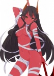 bandage biped black_hair breasts female hair holding_object holding_weapon horn long_hair looking_at_viewer melee_weapon navel polearm pose raised_arm red_body red_skin simple_background smile solo spear standing weapon white_background sasakura lord_of_vermilion horned_humanoid humanoid