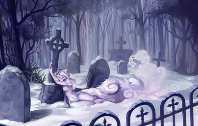 anthro breasts casual_nudity cemetery detailed_background eyes_closed female forest fur nude outside plant smoke snow solo tree white_body white_fur demicoeur canid canine fox ghost mammal spirit cool_colors digital_media_(artwork) restricted_palette